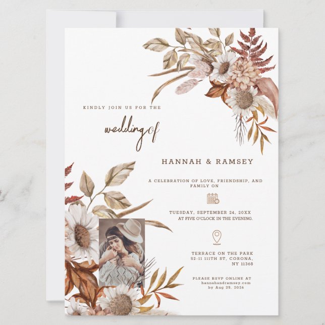 Herbst Boho Foto Hochzeit Einladung. Einladung (Vorderseite)
