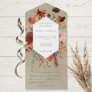Herbst Boho Rost & Pfirsich Blumenrahmen Sage Dinn All In One Einladung