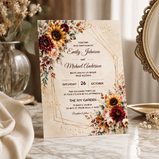 Herbst-Bordeaux-Sonnenblumen-Hochzeitseinladung Einladung