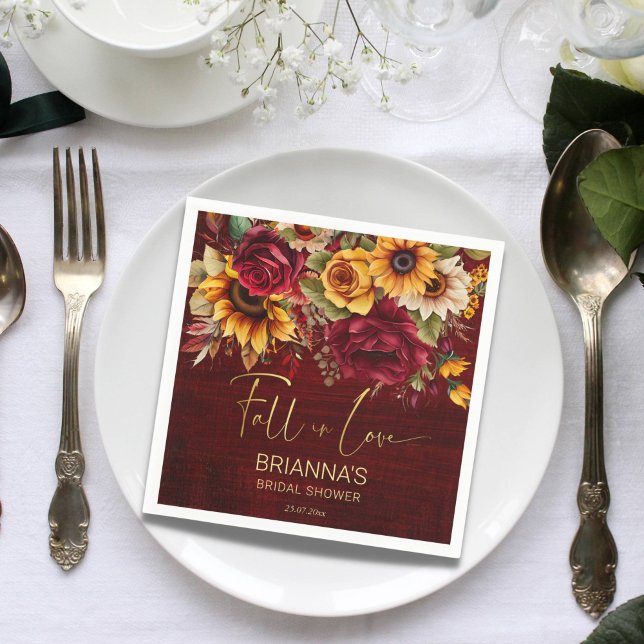 Herbst Brautparty burgundy Rose Sonnenblumen Serviette (Fall in love burgundy roses sunflowers autumn fall bridal shower personalized napkins)