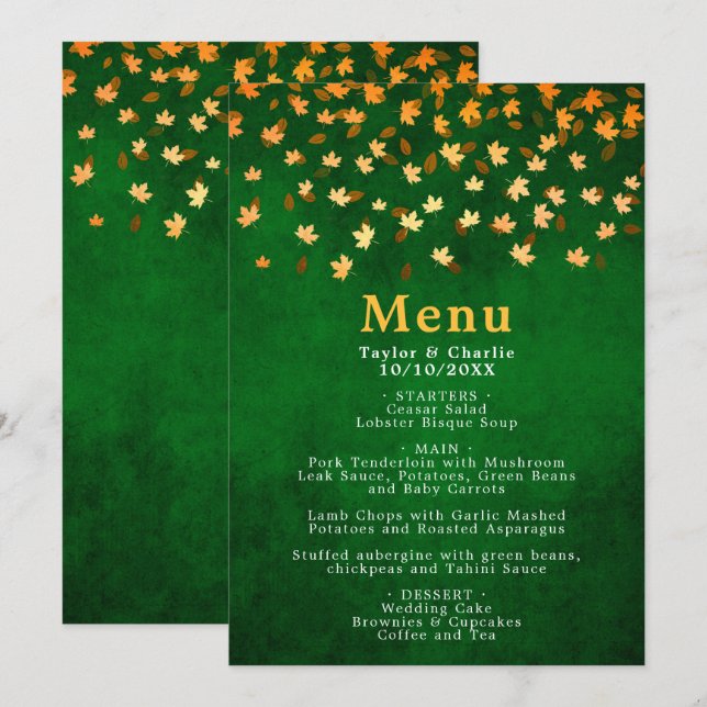 Herbst bringt Gold und Grüne Hochzeit Menükarte (Vorne/Hinten)