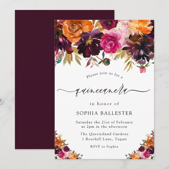 Herbst-Burgund-Blume fallen Quinceanera-Party Einladung (Vorne/Hinten)
