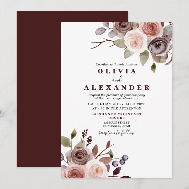 Herbst Burgund Blumen Hochzeit Einladung (Vorne/Hinten)