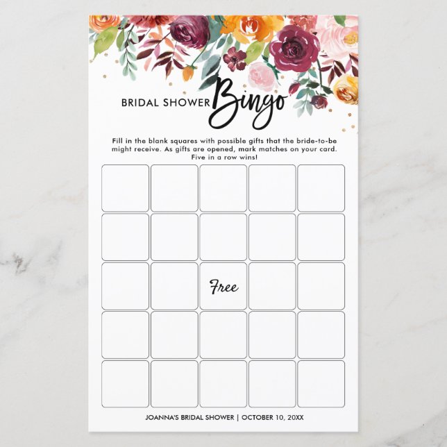 Herbst Burgund Blush Bloral Brautparty Bingo (Vorderseite)