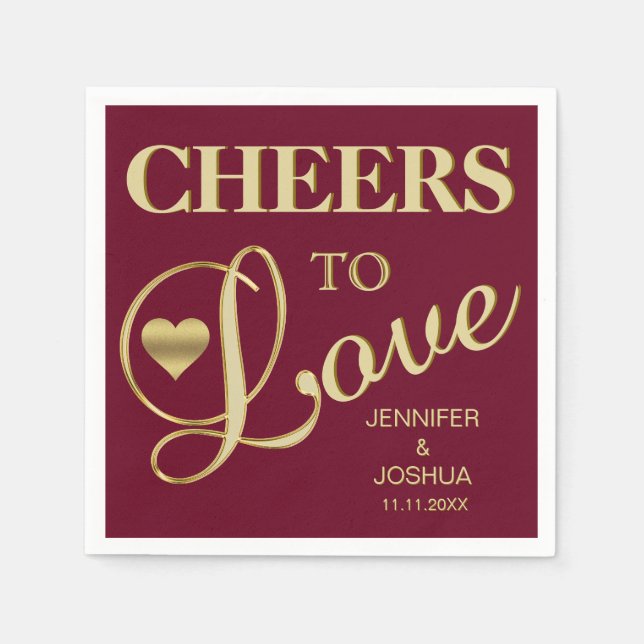 Herbst Burgund CHEERS zur LIEBE Gold Heart Wedding Serviette (Vorderseite)