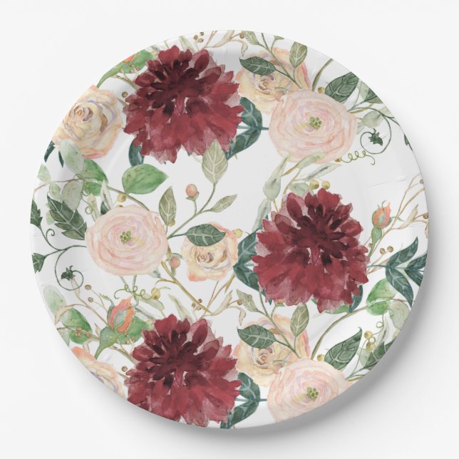 Herbst Burgund Chrysanthemum Blush Rosa Rose Pappteller (Vorderseite)