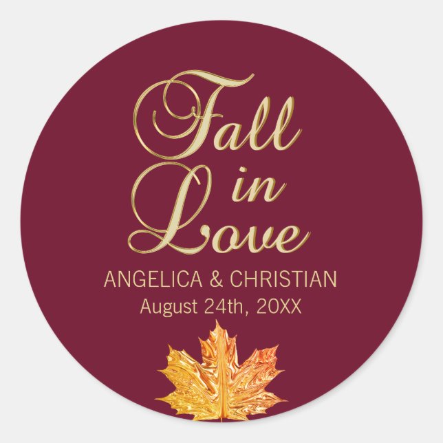 Herbst-Burgund-Gold-FALL in LIEBE Hochzeit Runder Aufkleber (Vorderseite)