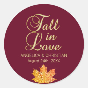 Herbst-Burgund-Gold-FALL in LIEBE Hochzeit Runder Aufkleber