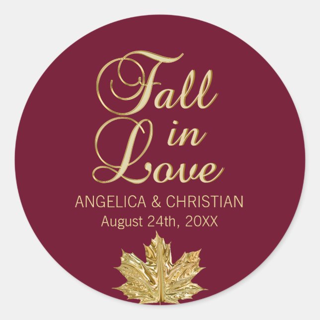 Herbst-Burgund-Gold-FALL in LIEBE Hochzeit Runder Aufkleber (Vorderseite)