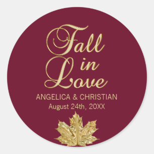 Herbst-Burgund-Gold-FALL in LIEBE Hochzeit Runder Aufkleber