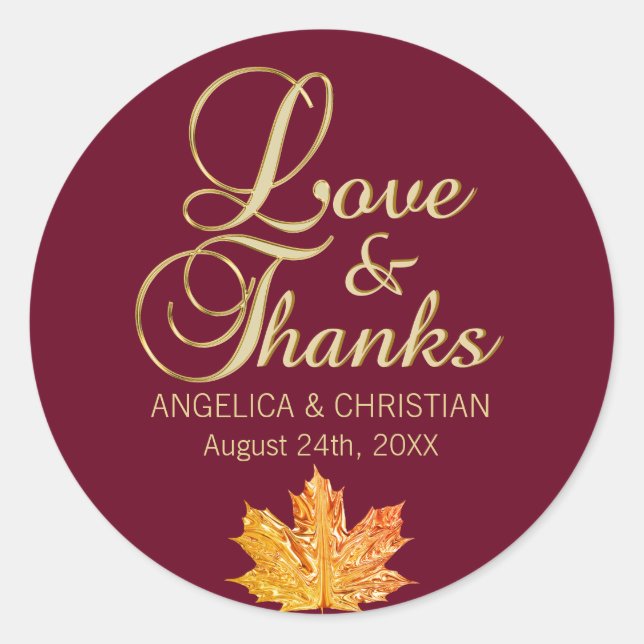 Herbst Burgund Gold LIEBE & DANK Hochzeit Runder Aufkleber (Vorderseite)
