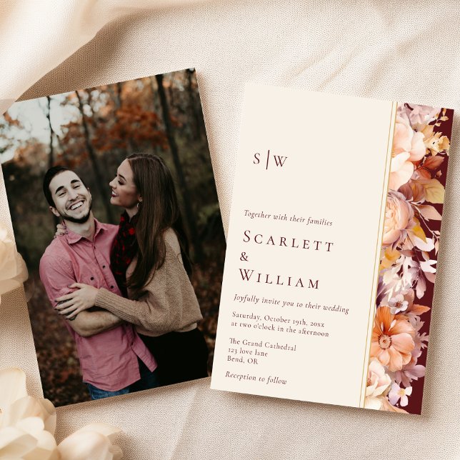 Herbst Burgund Modernes Monogramm Foto Hochzeit Einladung (Von Creator hochgeladen)