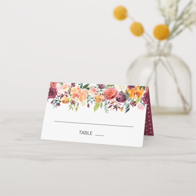 Herbst-Burgund-Orange-Blumenzettel-Platzkarte Platzkarte (Vorderseite)