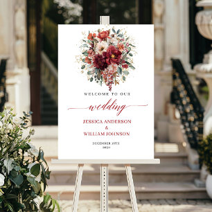 Herbst-Burgunder-Blumen-Boho-Grün-Hochzeitsschild Poster