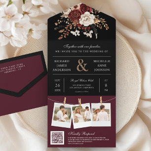 Herbst Burgunder Floral QR Code Schwarze Hochzeit All In One Einladung