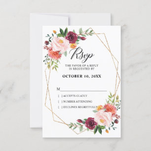 Herbst Burgunder-Rot Florale geometrische Hochzeit RSVP Karte