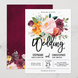 Herbst-Burgundy Blush Bloral Blossom Hochzeit Einladung