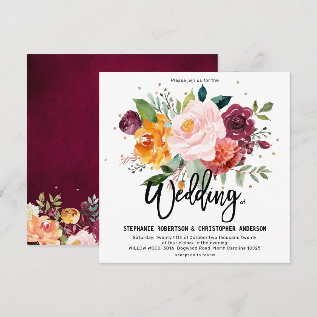 Herbst-Burgundy Blush Bloral Blossom Hochzeit Einladung (Vorne/Hinten)