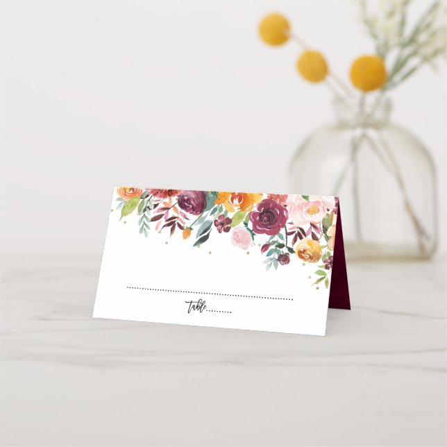 Herbst-Burgundy Blush Bloral Blossom Hochzeit Platzkarte (Vorderseite)