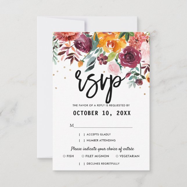Herbst-Burgundy Blush Bloral Blossom Hochzeit RSVP Karte (Vorderseite)