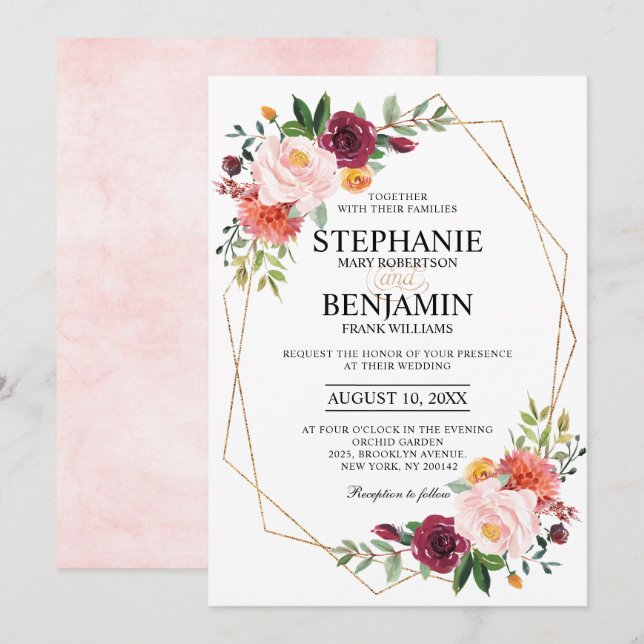 Herbst Burgundy Blush Bloral geometrische Hochzeit Einladung (Vorne/Hinten)