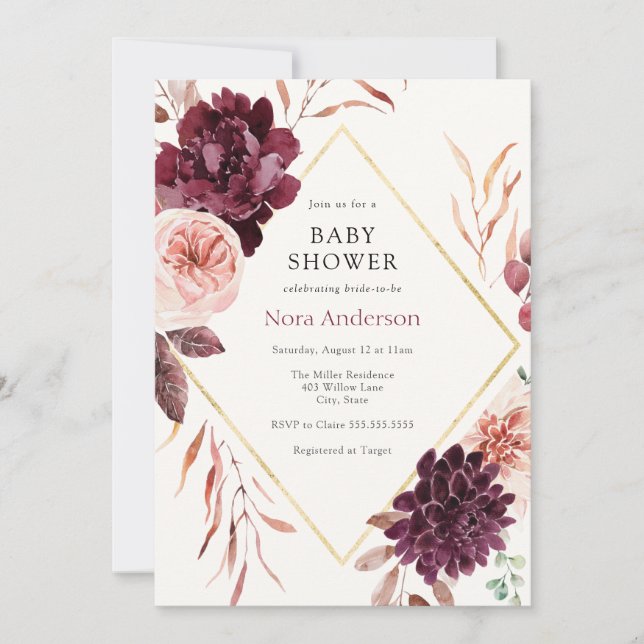Herbst Burgundy Floral Gold Frame Baby Dusche Einladung (Vorderseite)
