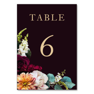 Herbst Burgundy Floral Gold Script Hochzeit Tischnummer