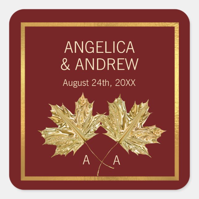 Herbst Burgundy Gold Maple Leaf Hochzeit Quadratischer Aufkleber (Vorderseite)