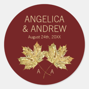 Herbst Burgundy Gold Maple Leaf Hochzeit Runder Aufkleber