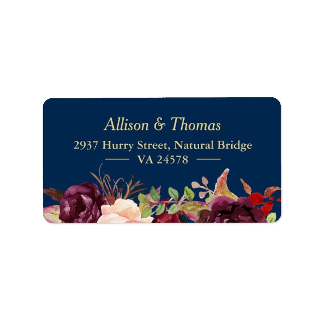 Herbst Burgundy Marsala Floral Navy Blue Wedding Adressaufkleber (Vorne)