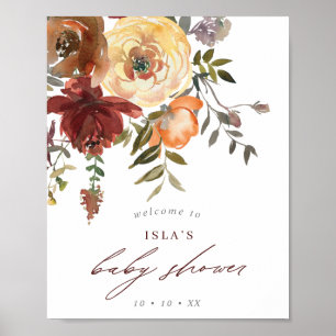 Herbst Burgundy & Orange Blumenbaby-Dusche Willkom Poster