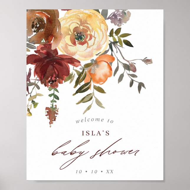 Herbst Burgundy & Orange Blumenbaby-Dusche Willkom Poster (Vorne)