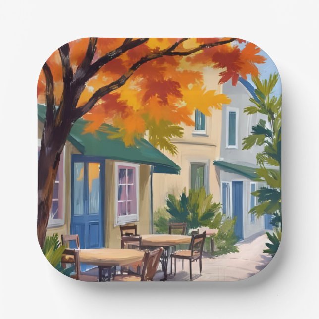 Herbst-Café-Aquarell Herbstlaub Pappteller (Vorderseite)