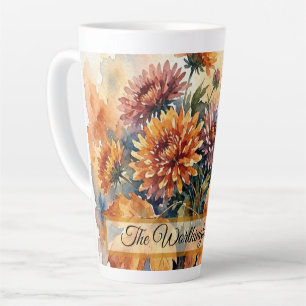 Herbst-Chrysantheme und Ahornblatt-Aquarell-Sträuß Milchtasse