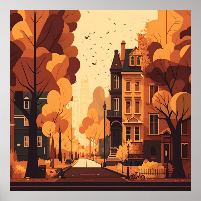 Herbst City Street Rustikale Orange Red Yellow Bro Poster (Vorne)