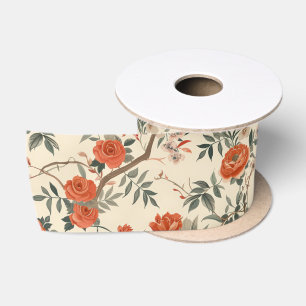 Herbst-Creme-Orangen-Blumen-Chinoiserie Satinband
