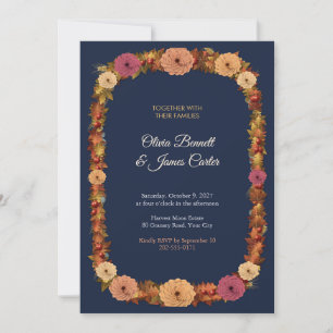Herbst-Dahlie und Weizen-Kranz Navy-Hochzeit Einladung
