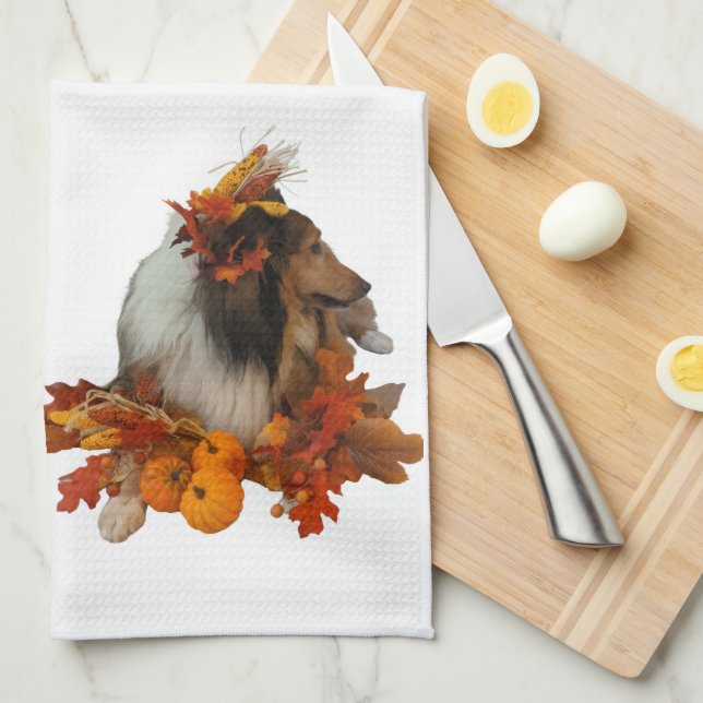 Herbst-Dekoration Sheltie Geschirrtuch (Viertel Falte)