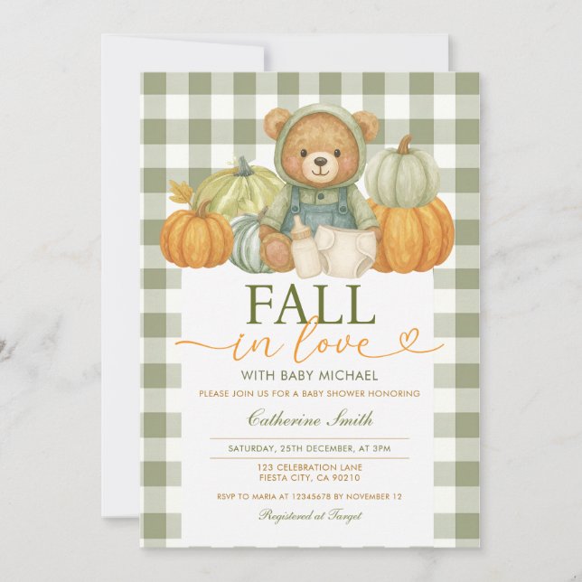 Herbst der Liebe Bear Pumpkin Baby Dusche Gingham Einladung (Vorderseite)