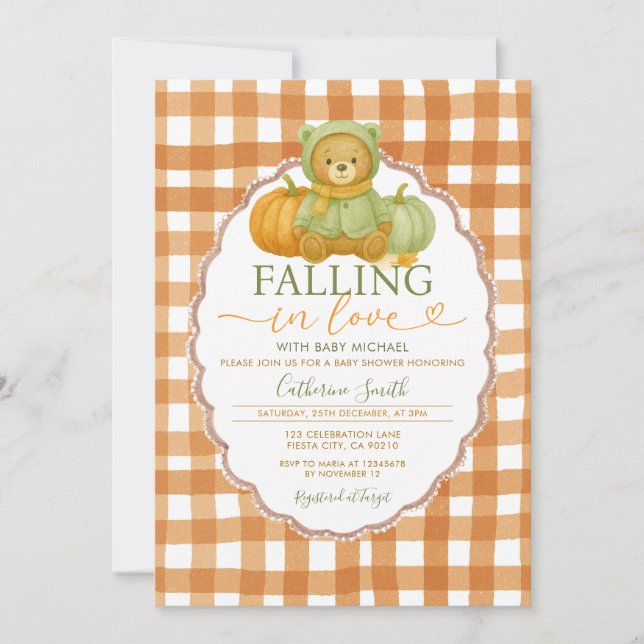 Herbst der Liebe Bear Pumpkin Baby Dusche Gingham Einladung (Vorderseite)