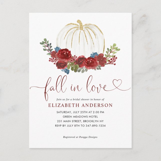 Herbst der Liebe Burgundy Floral Pumpkin Brautpart Postkarte (Vorderseite)