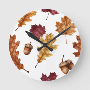 Herbst-Eichenlaub-Ahorn-Wasserfarben-Muster Runde Wanduhr