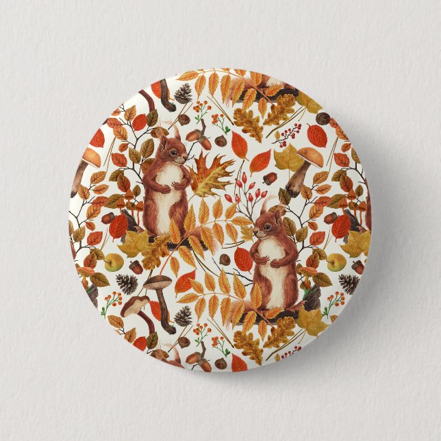 Herbst-Eichhörnchen und Herbstflora auf Weiß Button (Vorderseite)