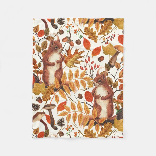 Herbst-Eichhörnchen und Herbstflora auf Weiß Fleecedecke (Vorderseite)