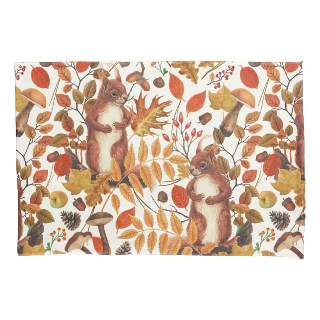 Herbst-Eichhörnchen und Herbstflora auf Weiß Kissenbezug (Vorderseite-Links)