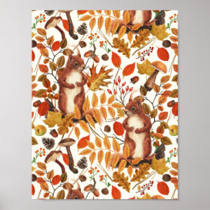 Herbst-Eichhörnchen und Herbstflora auf Weiß Poster