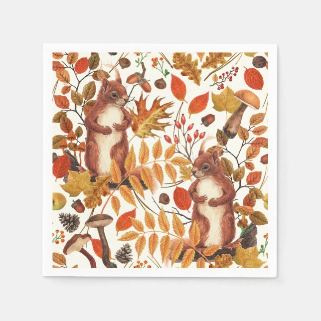 Herbst-Eichhörnchen und Herbstflora auf Weiß Serviette (Vorderseite)