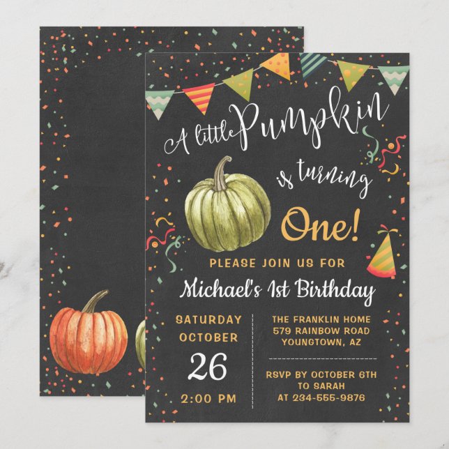 Herbst ein kleines Pumpkin-Chalkboard Herbst Gebur Einladung (Vorne/Hinten)