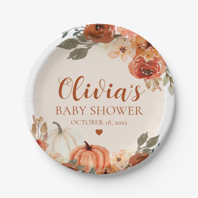 Herbst eine kleine Pumpkin Autumn Floral Baby Show Pappteller (Vorderseite)