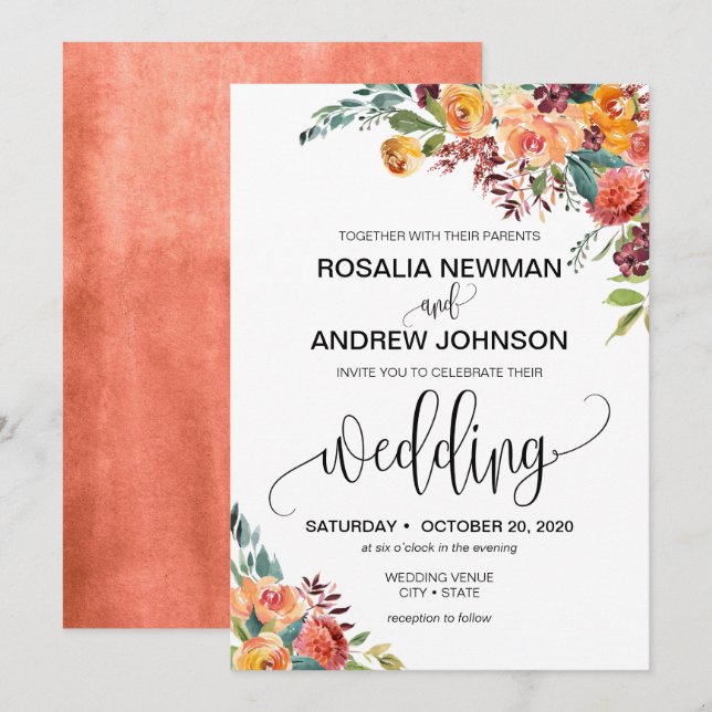 Herbst Einladung von Burgundy Orange Floral Weddin (Vorne/Hinten)